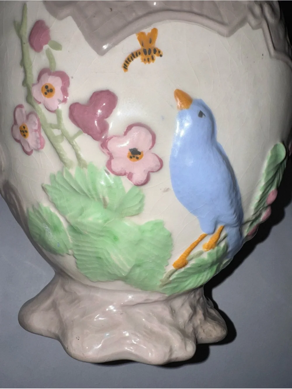 Vintage Large Hand-Painted Bird Planter Crackle Vase Blue Bird & Flowers